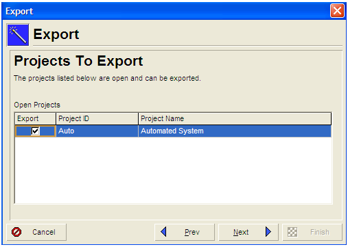 Projects to export window